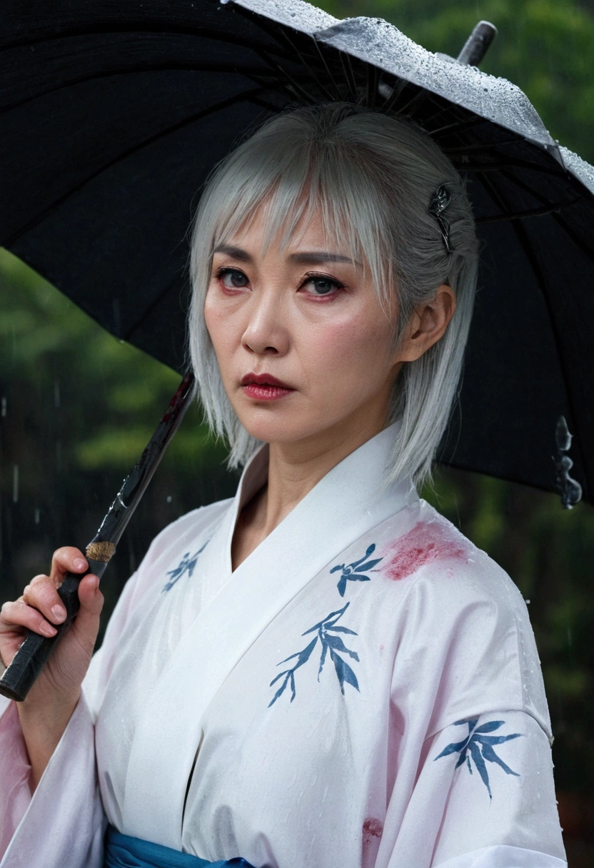 masterpiece, best quality, night, outdoor, rainy days, Branches, Chinese, ancient China, 1 female, Mature woman, Silver-white hair woman, Gray blue eyes, Light pink lips, cold, Serious, Weak, Bangs, assassin, Short knife, White clothes, Black clothes pattern, Blood stains, Blood, Injuried, Blood on the face, Blood on the clothes, rain, Delicate face, Delicate face,