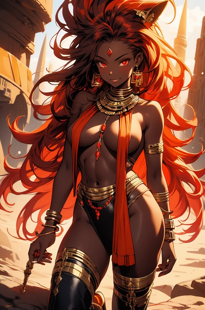 ultra-detailed, Masterpiece, firey colors, gentle studio lighting, dark skin, black woman, red fiery hair gradient of orange at tips, futuristic desert landscape, goddess of sun, goddess of victory, smirking, full body, muscles, gold jewelry, west African, Egyptian, inspired clothes, leopard ears, tail, black clothing, black Loincloth, red eyes hints or orange, long messy hair reaches to legs wearing bandages on hands, on left leg, golden jewelry on right side of leg, warrior, fully covered 