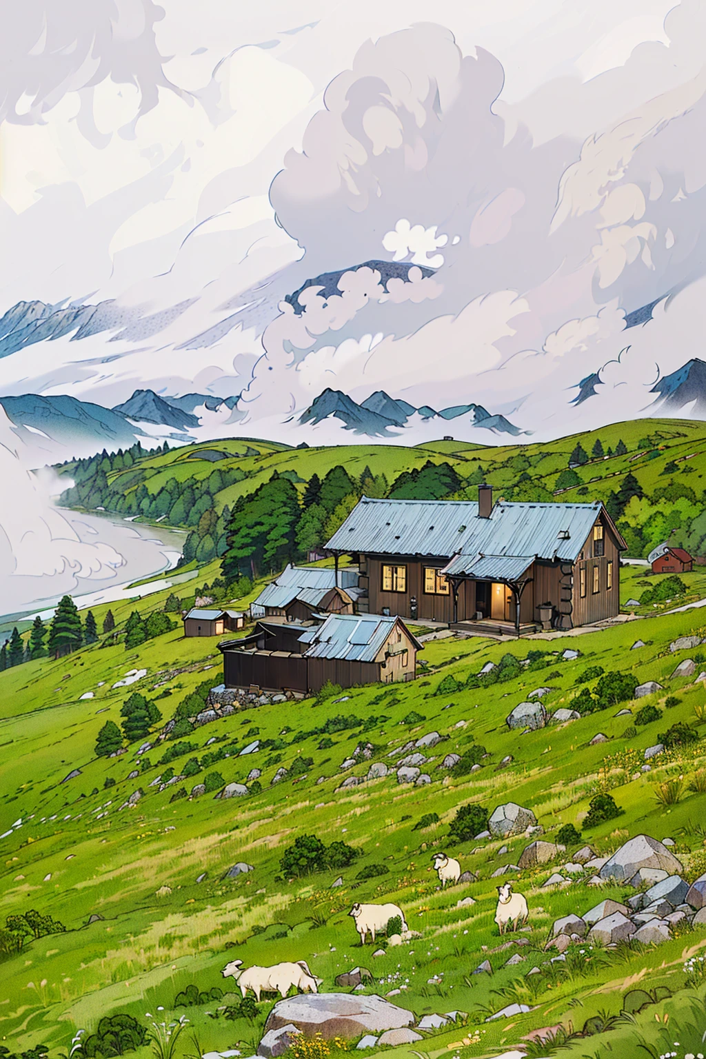 Sheep grazing in a field near a house on a hill, norway mountains, norwegian landscape, Cabin in the foreground, 远处的Log House, 山上建造的Log House, Nordic landscape, by Sebastian Spren, Log House, 阿尔卑斯山下的小Log House, author：Roel Keynstad, shutter, integrated in the mountains, author：Jesper Knudsen