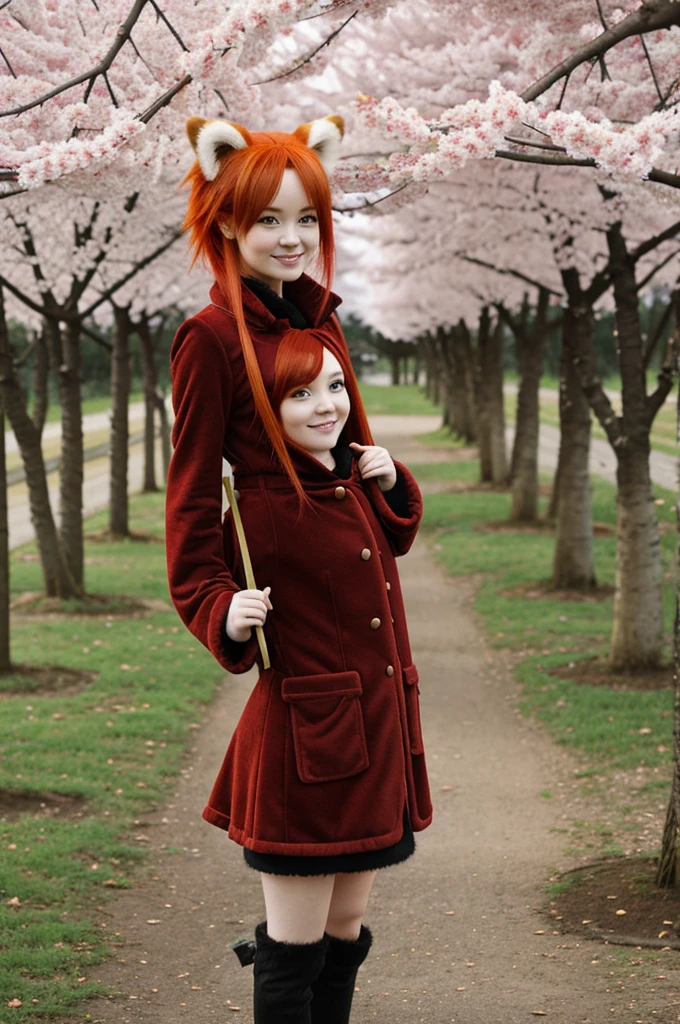 2d girl, Red hair, long, red panda costume, with a background of cherry trees 