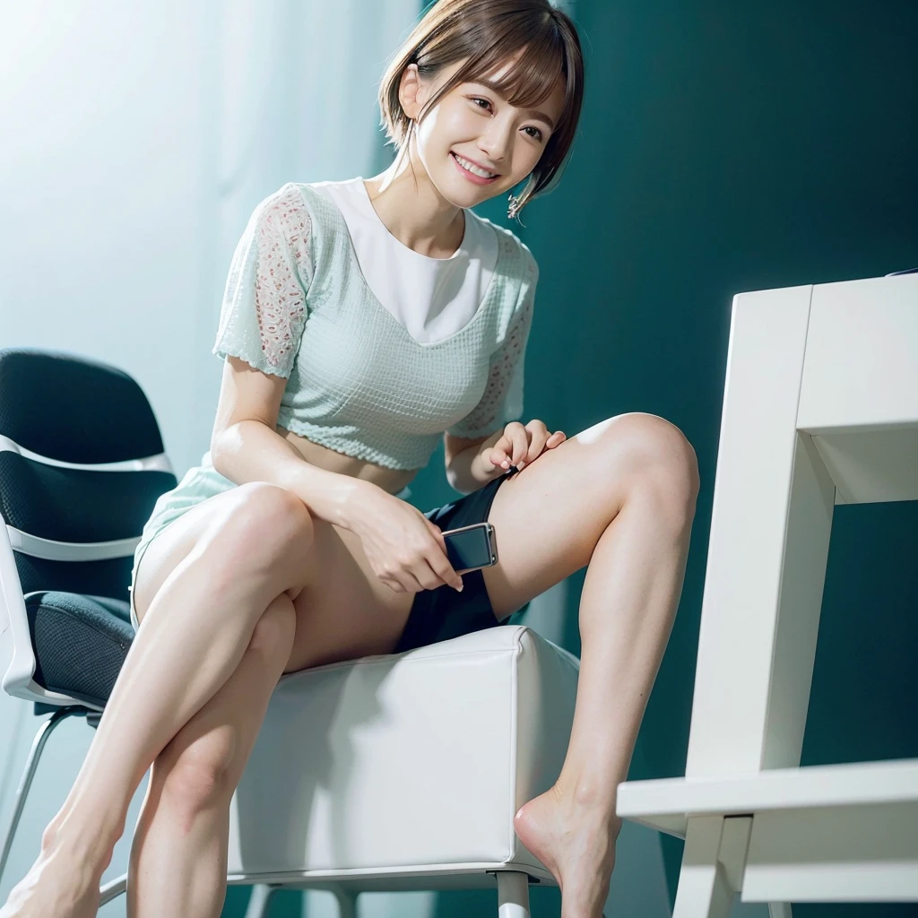 class elite medium age secretary wearing tight metallic green miniskirt, Working in the office、Wearing a white office blouse, naked legs, wearing black open feet heels , short blonde bob haircut , crossed leg's, fit legs,  Raw photo, (8K、top-quality、​masterpiece:1.4)、(intricate detailes:1.4)、(Photorealsitic:1.4)、octane renderings、Complex 3D rendering ultra detail, Studio Soft Light, Rim Lights, vibrant detail, super detailing, realistic skin textures, Detail Face, Beautiful detail eyes, Very detailed CG Unity 16k wallpaper, make - up, (detailedbackground:1.4), tightly crossed legs!!!, full body view sitting on a chair,  one leg up another, view from feet to face, side look!!!!, cross one leg top another , smiling at me, body by side, crossed thigh one over other!, One thigh above another crossed legs!!! Short legs, metallic green tight miniskirt and white offic blouse, side view