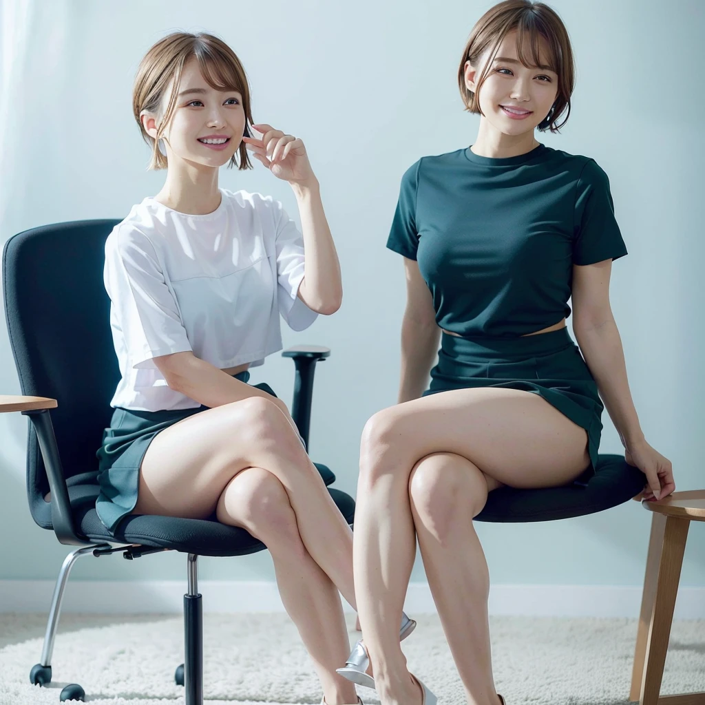 class elite medium age secretary wearing tight metallic green miniskirt, Working in the office、Wearing a white office blouse, naked legs, wearing black open feet heels , short blonde bob haircut , crossed leg's, fit legs,  Raw photo, (8K、top-quality、​masterpiece:1.4)、(intricate detailes:1.4)、(Photorealsitic:1.4)、octane renderings、Complex 3D rendering ultra detail, Studio Soft Light, Rim Lights, vibrant detail, super detailing, realistic skin textures, Detail Face, Beautiful detail eyes, Very detailed CG Unity 16k wallpaper, make - up, (detailedbackground:1.4), tightly crossed legs!!!, full body view sitting on a chair,  one leg up another, view from feet to face, side look!!!!, cross one leg top another , smiling at me, body by side, crossed thigh one over other!, One thigh above another crossed legs!!! Short legs, metallic green tight miniskirt and white offic blouse, side view