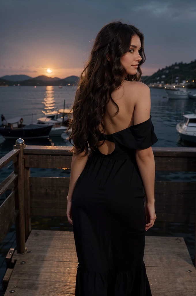 A woman with loose wavy hair in a Wearing an elegant black dress with an open back., standing on a dock at sunset, looking over her right shoulder with a slight smile. Background includes yachts and a hillside town with evening lights
