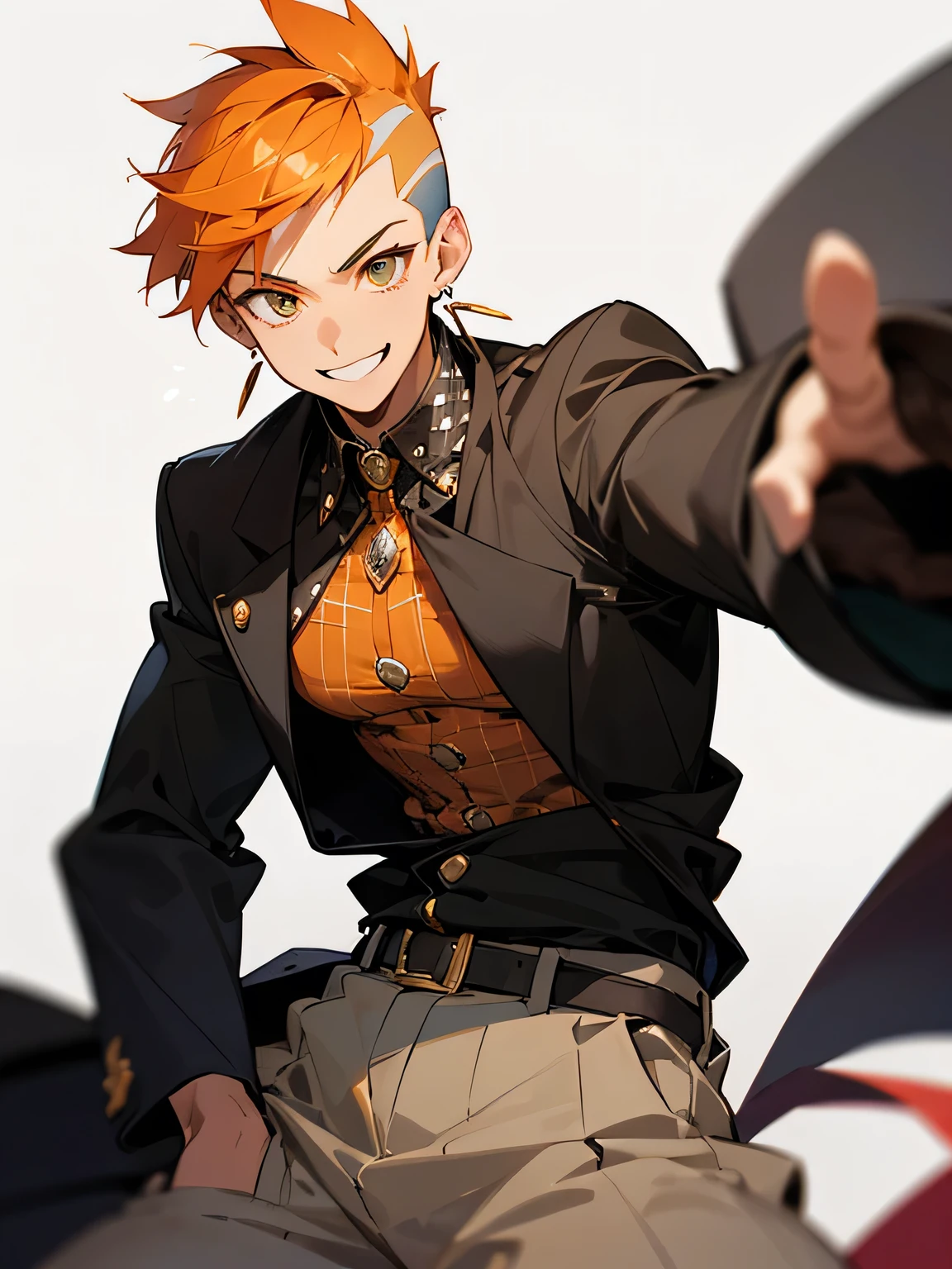 Young guy, short orange hair, cat ears, blue eyes, open torso, Battle mantle, Smile, Masterpiece, hiquality