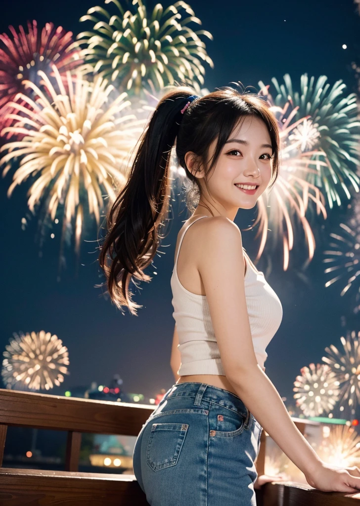 Diffuse lighting、 Highest quality, High resolution, unity 8k wallpaper、Supersaturation, Colorful, 8K resolution, 1 female、Japanese、23 years old、Close-up portrait、Adorable, smile、looks fun、 Colorful fireworks burst into the sky、White tank top、Mini length denim hot pants、ponytail、Lively、 The atmosphere was cheerful, Aerial fireworks、looks fun、Japanese Festivals, Best Quality, Depth of written boundary, Detailed Background, Beautiful cheeks, Sparkling Eyes, And the starry sky at night,