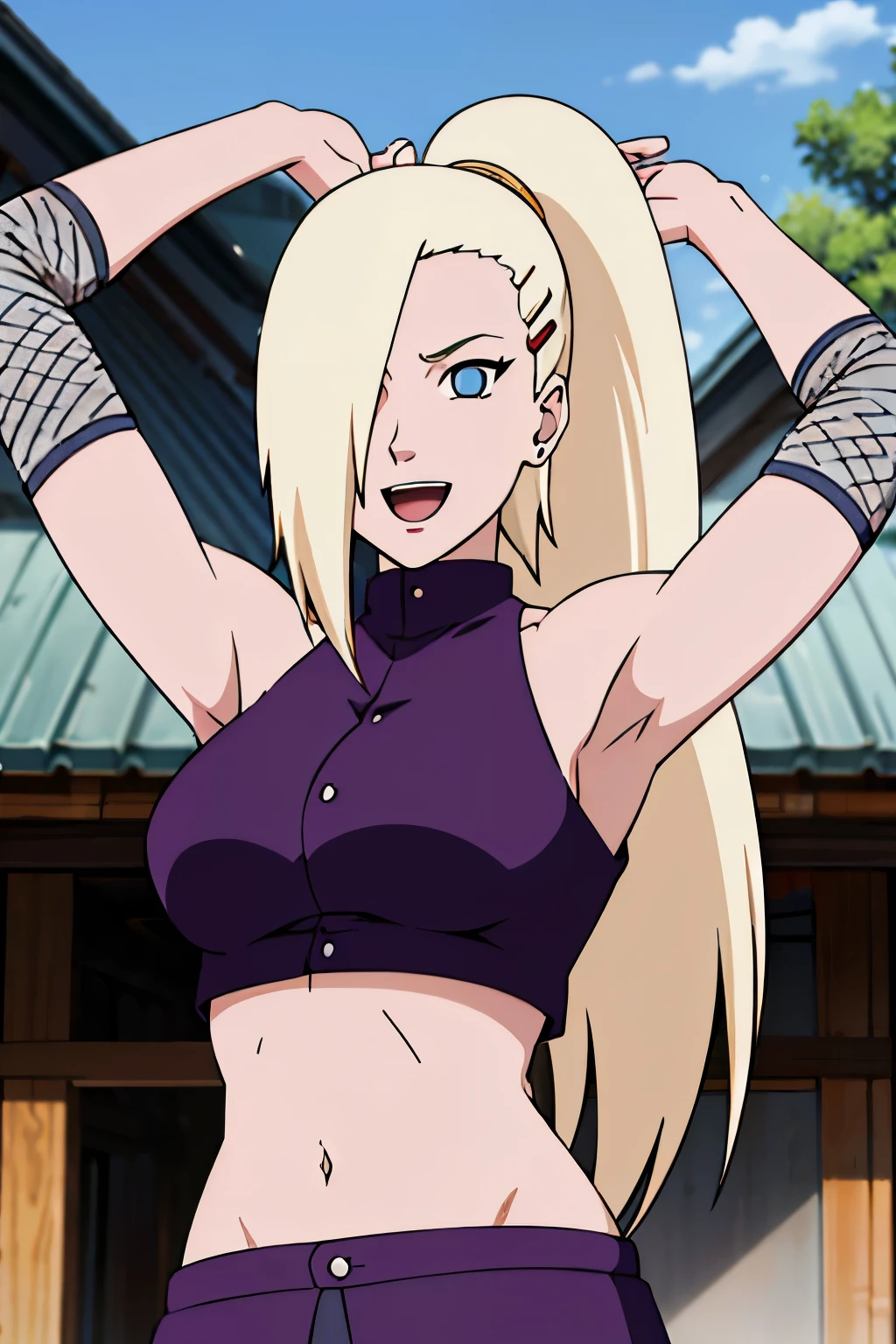 (serving viewer), Ino yamanaka, looking at the viewer, attractive, from below, ultra detailed face, sunny day, day time, upper body view, anime style, solo, detailed home, blonde, (purple clothes), ((one eye covered with hair, hair over eye)), medium breasts, belly button, looking at the viewer, thick arms, (off-shoulders, wide shoulders, curving body), hidden eye, smile, open mouth, very happy, tall, hair clip, sharp look, sharp face, sharp eye, cold colors,
