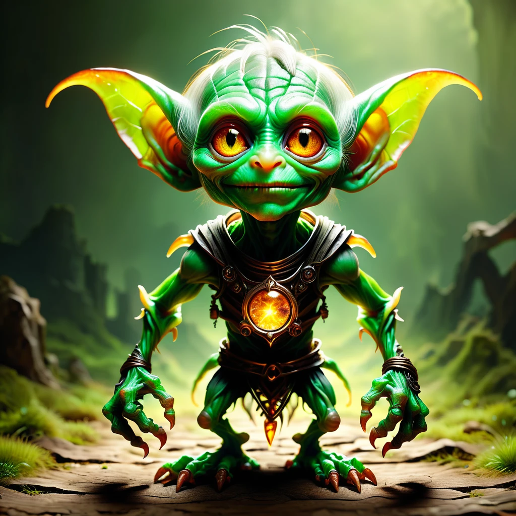 goblin Age: Equivalent to a 4-year-old human
Appearance: Small, wiry build with bright green skin and large, curious amber eyes