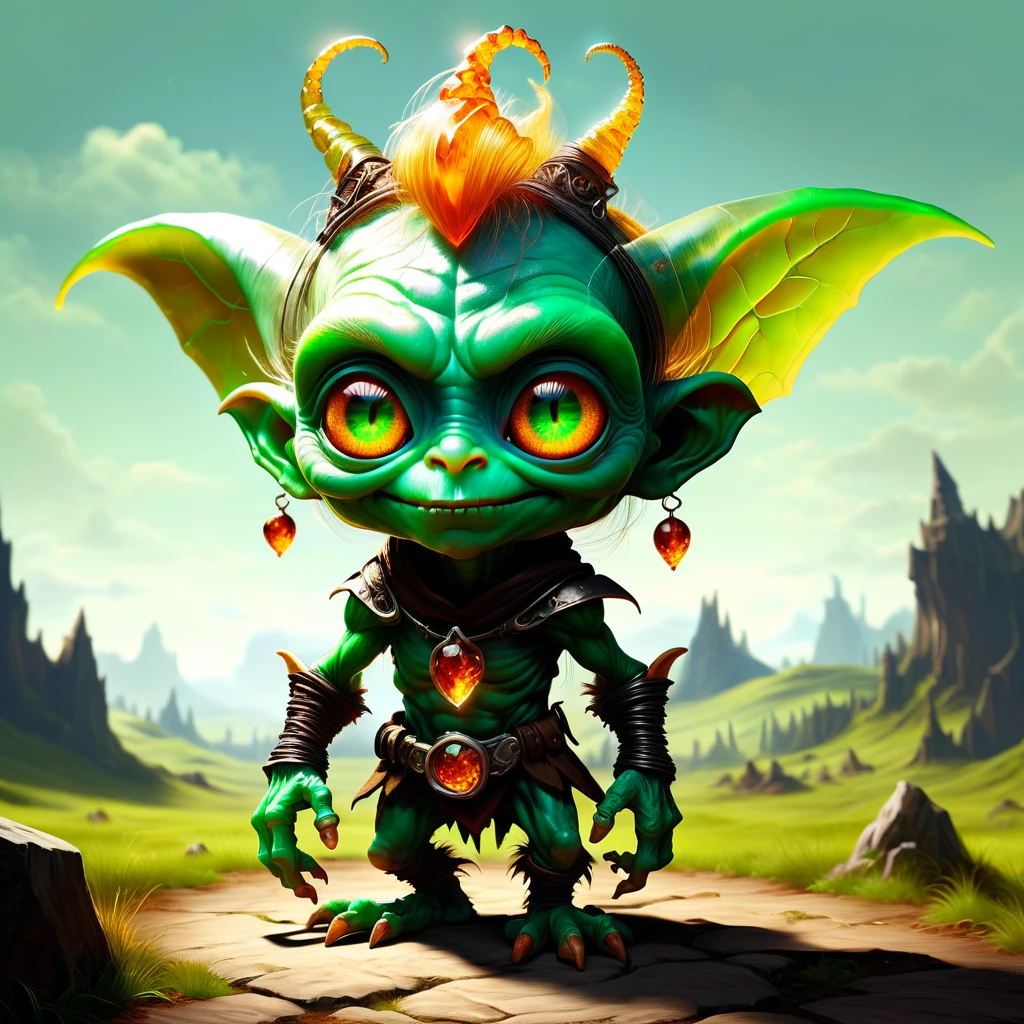 goblin Age: Equivalent to a 4-year-old human
Appearance: Small, wiry build with bright green skin and large, curious amber eyes