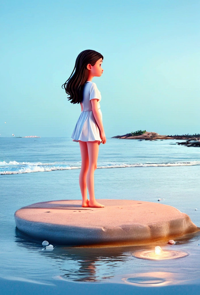 a girl standing with one foot in the water, night, thin clothes, girl standing, girl sideways, girl between the horizon and the sea, view from the side, ripples from her toes, scene is about 20m away, over the sea, night, everything glowing, meteor shower