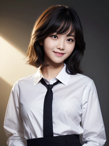 Highest quality, masterpiece, (Realistic:1.4), One girl, A light smile, Collared shirt, Dramatic lighting, From below
,whole body,Black Hair