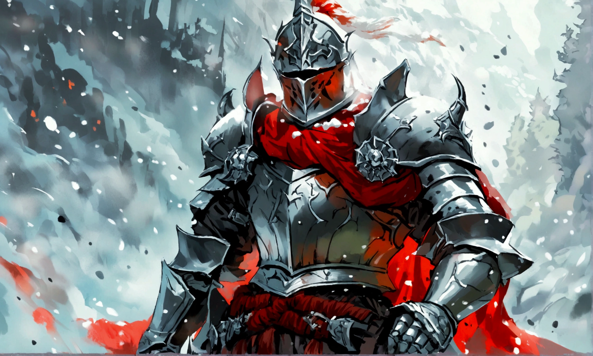 Create an impressionist painting of a spooky warrior knight, snow, Space Ash, Artistic, complicated,fog