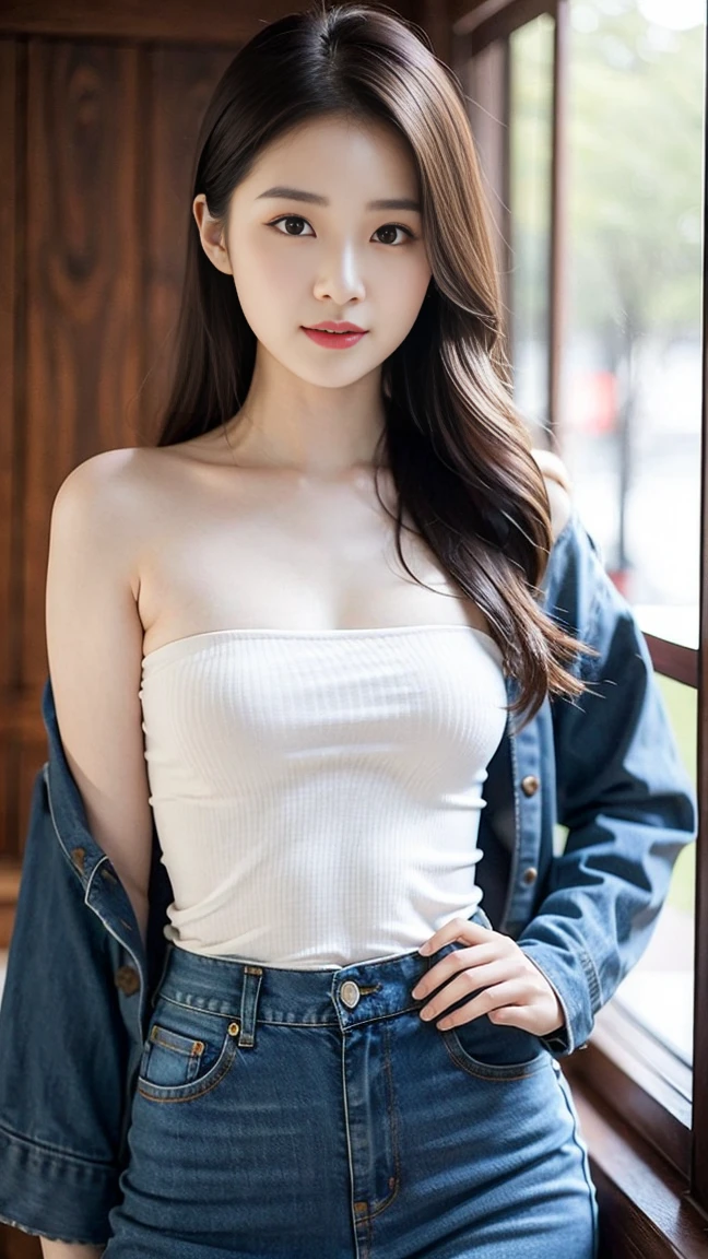 (masterpiece, Outstanding Work,4K resolution, Surreal:1.3),身穿白色和紧身Denim skirt的女孩摆姿势拍照,(Half body:1.2), ((Light grey straight dress:1.1))Slim Alone, Perfect body,Bangs to eyebrows、Beautiful brown hair、Beautiful and delicate eyes、Brown eyes、Raise an eyebrow、High Nose、Small nostril、Little mouth、Tempting lips、Mouth slightly open、Beautiful breasts、Full body、Oval face, Both eyes, Both eyes皮, Long eyebrows, Long eyelashes, A faint smile, Chest 32 inches,The face is good,The legs are slender and fair,Incredibly sexy, Perfect proportion、Perfect Anatomy、Perfect composition、Beautiful and detailed shadows、beautiful natural light、beautiful detailed glow、Depth of Field,32 inches in the chest,(a charming smile:1), (sexy pose),26 years old, light,White shoes,(Medium bust),Slim girl model,24-year-old female model,Soft Light,Detailed background,Coordinated body proportions,(Denim skirt:1.2),Close-up of face,The face is rich in detail,