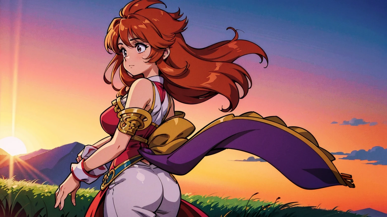 A 16:9 anime-style illustration depicting a female bard on her journey at sunset. The bard is dressed in flowing, colorful attire, with a musical instrument, such as a lute or harp, slung over her back. She is walking along a path through a vast grassland, with the warm glow of the setting sun casting long shadows. The wind is gently blowing, causing her hair and clothes to flutter. The background features rolling hills, distant mountains, and a sky painted with vibrant hues of orange, pink, and purple. The atmosphere is serene and full of adventure.