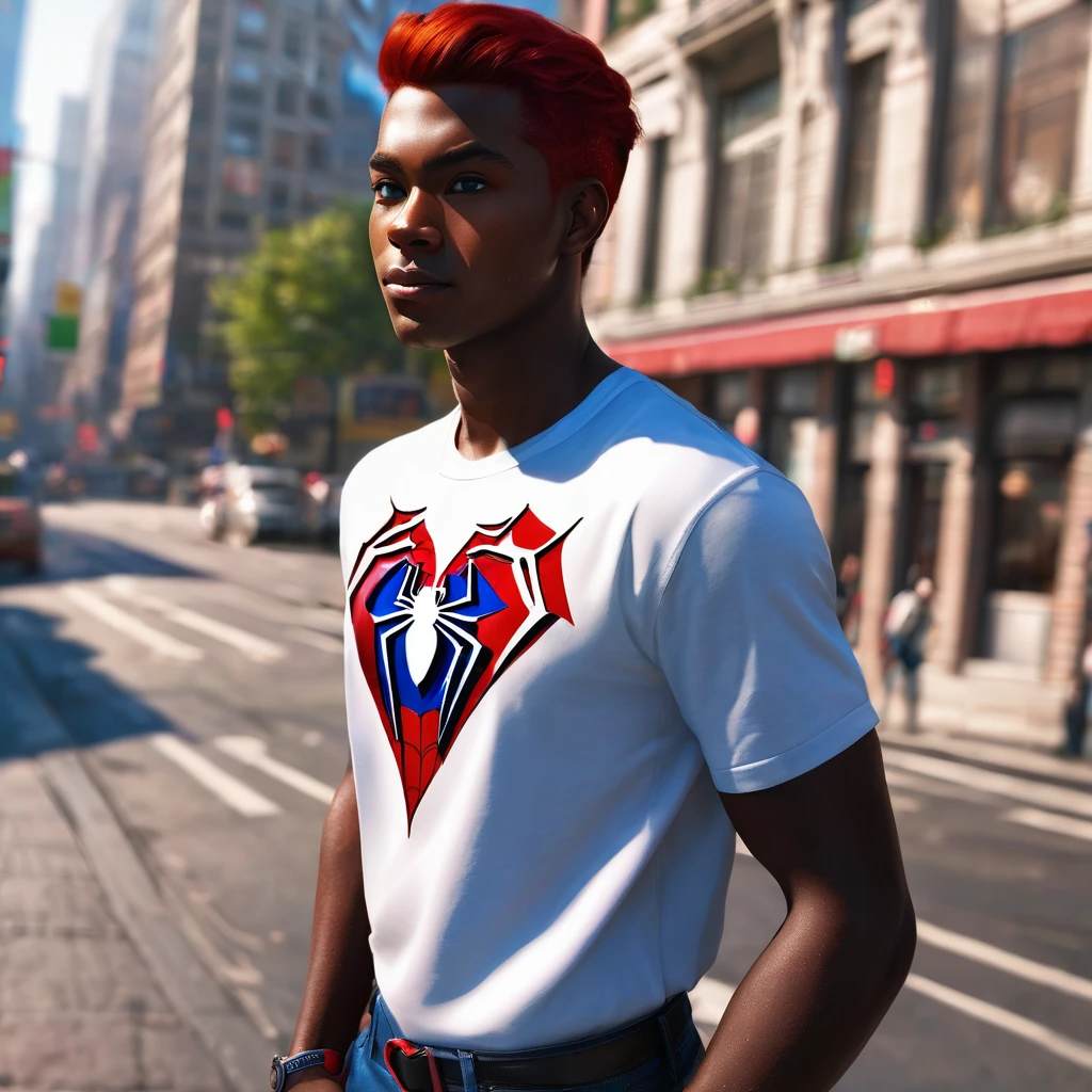 a red-haired boy, black-skinned, naughty man, angelical face, red hair, blue eyes, effeminate build, wearing short white top t-shirt with Spiderman face heart design, hugging Spiderman, realistic, detailed, highly detailed, photorealistic, 8k, masterpiece, vivid colors, cinematic lighting, dramatic shadows, fantasy, digital art, portrait gay