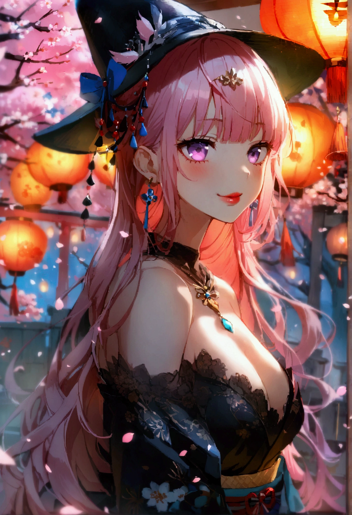 Masterpiece, Best quality, Night, stars, Cityscape, Real, Huge_filesize, the wallpaper, Colorful, Girl, Long hair, Pink hair, Drill hair, hair tying, Beautiful detailed eyes, view the viewer, Seductive smile, Japanese_clothes, Obi, frilled legwear, Hair_flower, hair pin, flower ribbon, Hair_bow, Earrings, jewelry, Bracelet,