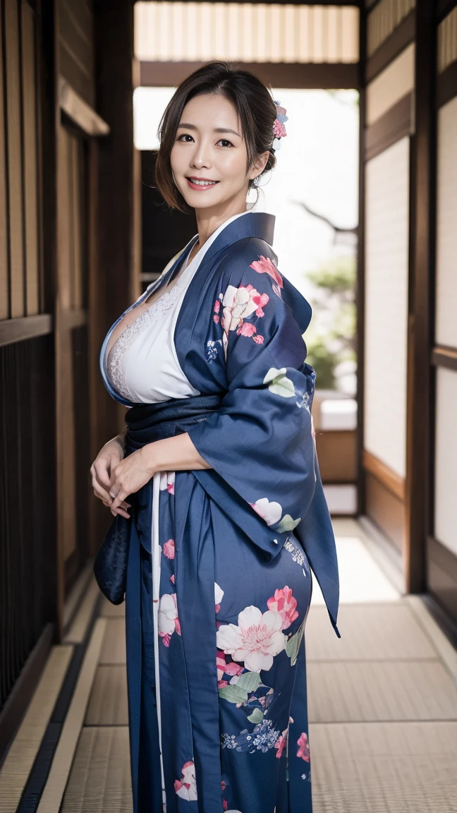 Mature charming sexy woman,50 years old, ((kimono)),blue、(((kimono))),closure,((Large Breasts:1.2)),(Facial wrinkles:1.3),Light makeup,Light brown hair,Long hair,(Full body photography:0.85),(Emphasize the big buttocks),8K, original photo, best quality, laughter,masterpiece,best quality、Gentle smile、Audience&#39;s Eyes、Feel free to hairstyle、Japanese-style room、Shoji screen、lantern、