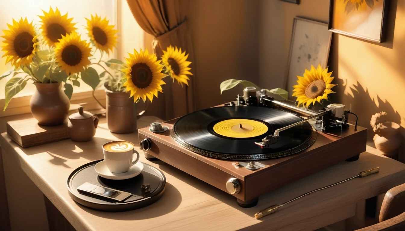 Create an image that features a cozy fall-themed atmosphere with a very focus angle on a steaming cup of coffee with latte art on its surface. The cup is placed on a wooden table and beside coffee cup is a sunflower in a pot. And there is an antique record player with a spinning record, The warm lighting and rich colors suggest a peaceful and inviting atmosphere.