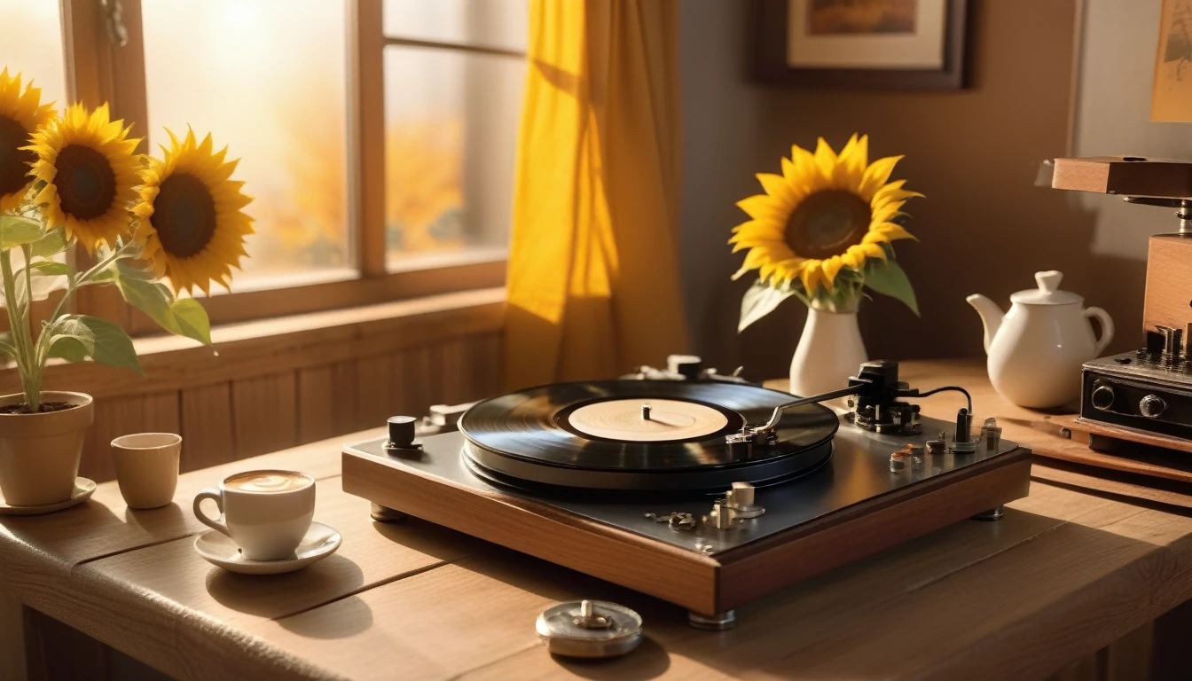 Create an image that features a cozy fall-themed atmosphere with a very focus angle on a steaming cup of coffee with latte art on its surface. The cup is placed on a wooden table and beside coffee cup is a sunflower in a pot. And there is an antique record player with a spinning record, The warm lighting and rich colors suggest a peaceful and inviting atmosphere.