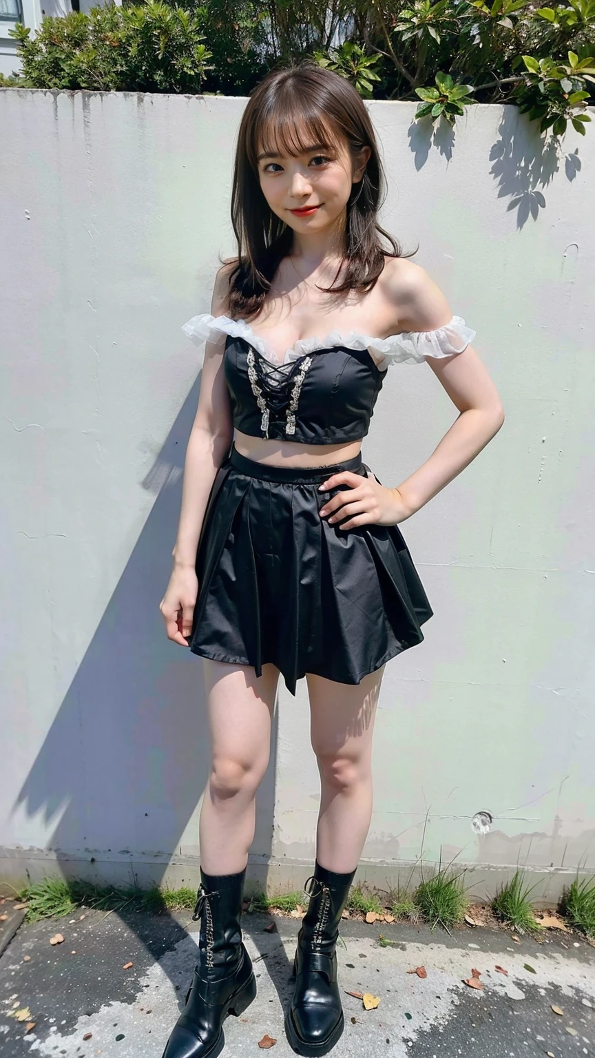(8K、RAW Photos、Highest quality、masterpiece:1.2)、(Highest quality、Realistic)、1 Girl、((Tank top、Frills、Big Breasts、Breast enlargement、smile、tights、black and white mini skirt、Thin legs、whole body、boots、garden、View from the front、Looking into the camera、Idol Costume、Stand with hands on hips))、cute