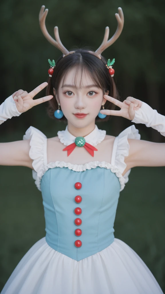 realistic,score_9, score_8_up, score_7_up, 
Hyperrealism，illumination， 1girl, stand, upper body, simple background,  small breasts,  from front, Deer antler hairpin，outdoor，Dynamic lens，Dynamic Action，Give a V victory sign, Circus Costumes