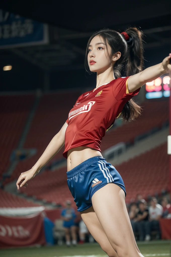 (((best quality))), (((ultra detailed))), (((masterpiece))), illustration,(a beautiful girl,female footballer,solo),(short ponytail:1.2),Spanish team,(short sleeves:1.2),((red jersey, blue shorts)),((slim,thin)),((small breasts,flat chest))),(slender legs:1.2),(football:1.3),determination, agility, passion, dedication, energetic crowd, vibrant atmosphere, electric, invigorating, chaotic, aggressive movements, powerful kicks, elegance, composure, intensity, sports, moment, perseverance, stands, packed stands, enthusiastic fans, roaring, supportive, cheering, chanting, sheen of sweat, skillful, dynamic, picturesque, atmospheric, action-packed, dramatic, realistic,adium, night game, stadium lighting, passionate player, focus, determination, talent, artistry, movement, speed, grace,(standing:1.3),((from front,full body)),(night scene:1.3)