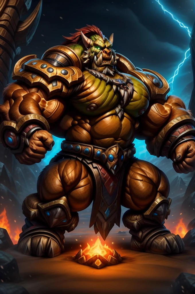 green hyper muscular orc warrior wearing battle armor, bara chest, aggressively flexing, most muscular pose, Blizzard Entertainment, detailed skin, skin blemishes, Warcraft, lighting should be warm and inviting, casting a soft glow and highlighting the rich colors of his flesh, background cinematic Hollywood movie style, light depth of field, vignette, highly detailed, high budget