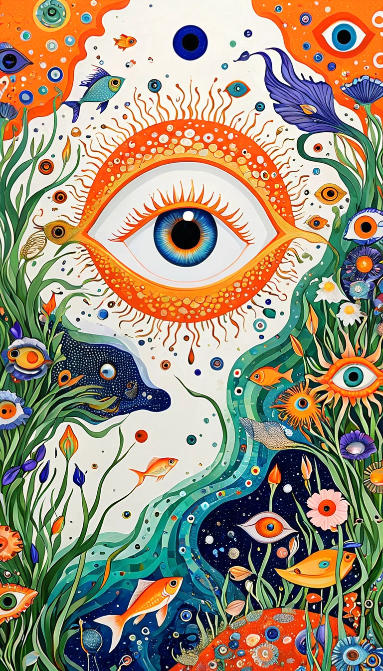 Psychedelic Art:Eye、iris、fish、Tentacles、bird、Eye、diatom，Abstract mosaic painting，Describing the inner world of autistic people，Sense of space，White Space，interesting，Innocence，Psychedelic Art，Orange overall