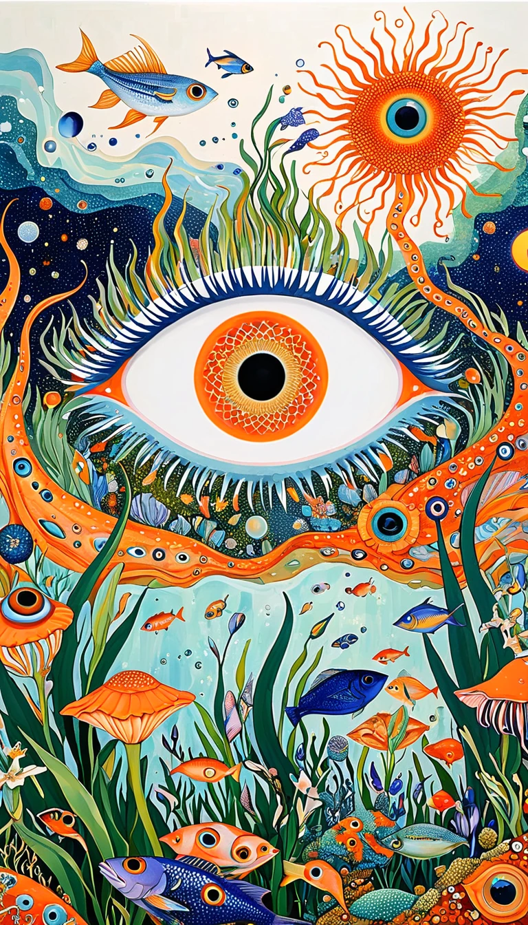 Psychedelic Art:Eye、iris、fish、Tentacles、bird、Eye、diatom,Abstract mosaic painting,Describing the inner world of autistic people,Sense of space,White Space,interesting,Innocence,Psychedelic Art,Orange overall
