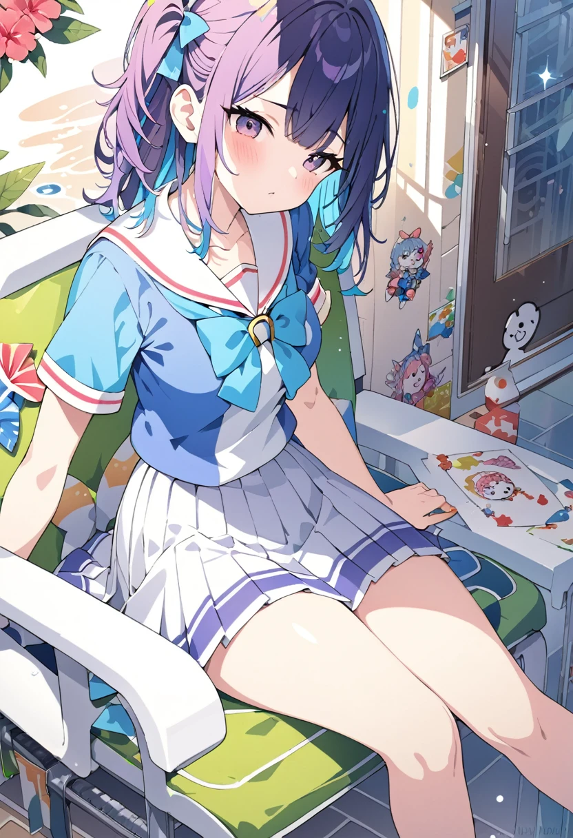 1girl, solo,(best quality),(masterpiece:1.1),blue (school uniform:1.4),dress, looking_at_viewer, neck_ribbon, smile, black eyes , studio background, cute, clear facial skin