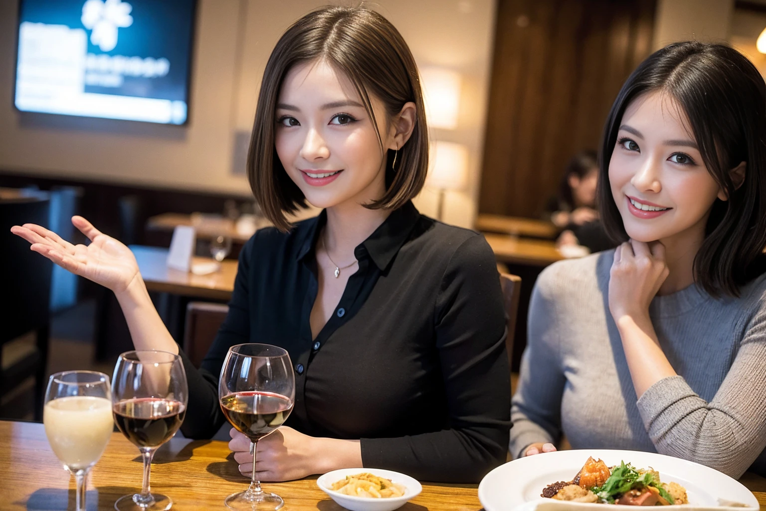 ((Highest quality、8K、masterpiece:1.3))、cute、slimカップル、modelカップル、actress男優、(Realistic, Intricate details:1.2), full-course dinner、Wine Party、Amazing view of the sunset sky and clouds、A bright smile、short hair,Bright Face、 (Age 37), 42 years old, red wine 、Appetizers、Italian food、Wine bottle、Champagne、sparkling wine、Two beauties、Brown Hair、Shortcuts、Long sleeve shirt、dress、Beautiful woman 1, (slimな顔), (The body is slim), (Brown Hair), (Shortcuts), cheeks turn a little red,Attractive beauty、restaurant, In a prominent place (From the waist up) Nova Frog Style, actress, model, Upper Body, White wine, slim, wine glass, 中央に置かれたwine glass, smile, (smile: 1.15), Beautiful fine grain, Depth f/2,saturation, High Contrast, Strong light and shadow,Moist Body:1.5、3D texture、Delicate eyes、Brown Hair、The hair is very shiny、