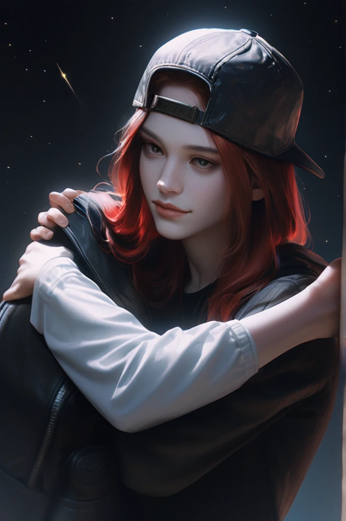 ((Лучшее качество)), ((шедевр)), (подробный), girl 1, fox ears , neko, fox ears, closed mouth, lips, long hair, long fiery red hair, gray eyes, shiny eyes, thin neck, clinging to a guy, hands on the guy's shoulders, realistic, smile, against the background of space, shooting stars, space, covered with ice/guy 1, brown eyes, dark eyes, blank stare, black bags under the eyes, lips, short brown hair, white skin, baseball cap, baseball cap on his head, black baseball cap, hooded robe, hood on his head, white t-shirt, black cargo pants, white sneakers, hugs a girl, gets covered ice