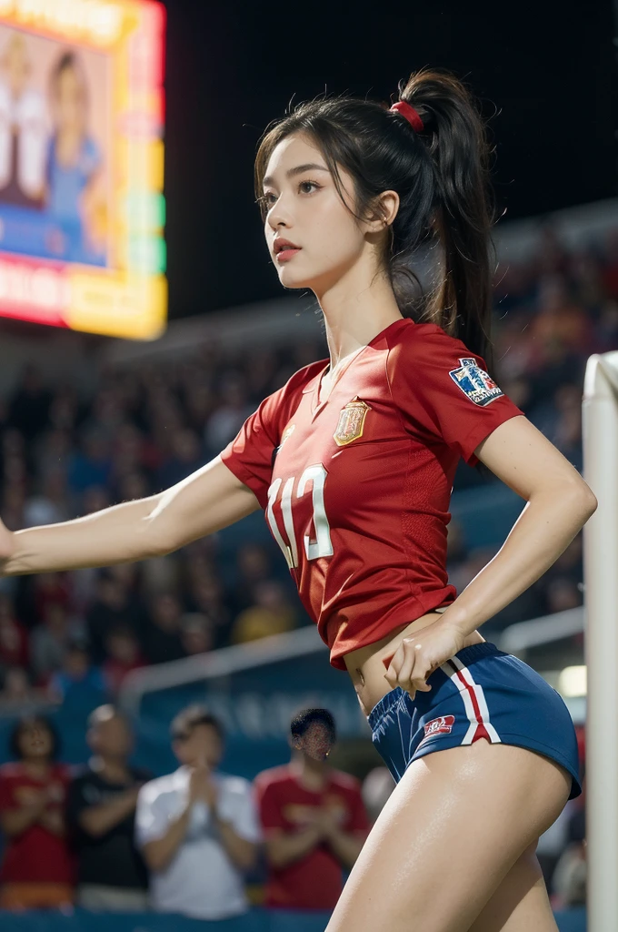 (((best quality))), (((ultra detailed))), (((masterpiece))), illustration,(a beautiful girl,female footballer,solo),(short ponytail:1.2),Spanish team,(short sleeves:1.2),((red jersey, blue shorts)),((slim,thin)),((small breasts,flat chest))),(slender legs:1.2),(football:1.3),determination, agility, passion, dedication, energetic crowd, vibrant atmosphere, electric, invigorating, chaotic, aggressive movements, powerful kicks, elegance, composure, intensity, sports, moment, perseverance, stands, packed stands, enthusiastic fans, roaring, supportive, cheering, chanting, sheen of sweat, skillful, dynamic, picturesque, atmospheric, action-packed, dramatic, realistic,adium, night game, stadium lighting, passionate player, focus, determination, talent, artistry, movement, speed, grace,(standing:1.3),((from front,upper body)),(night scene:1.3)