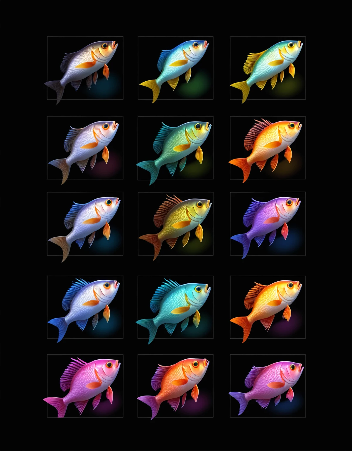 a close up of a bunch of fish on a black background, fish, fishes, Game Icon Assets, fishing, A set of high quality HD sprites, 3d icons for mobile games, heavily stylized, shining!!, Super detailed, High-quality screenshots, moon light fish eye illustrator, High-quality illustrations, colorful fish, very stylized, Three 0, New Species