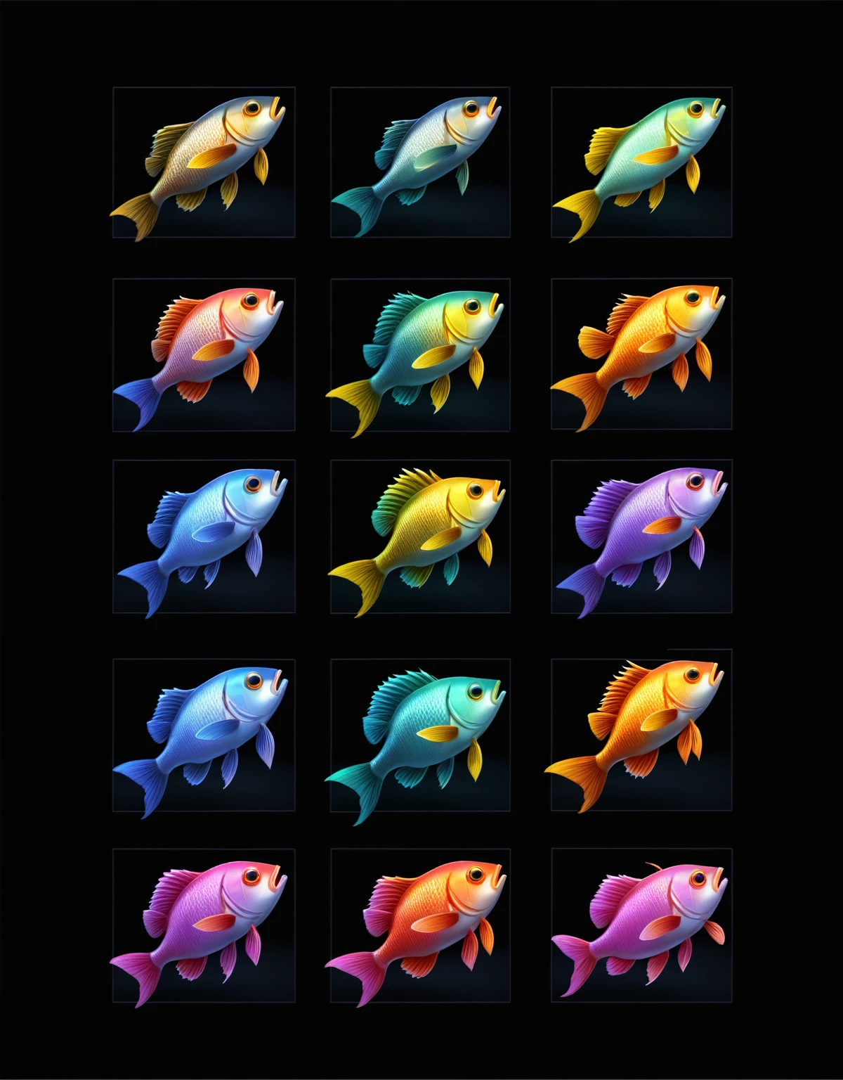 a close up of a bunch of fish on a black background, fish, fishes, Game Icon Assets, fishing, A set of high quality HD sprites, 3d icons for mobile games, heavily stylized, shining!!, Super detailed, High-quality screenshots, moon light fish eye illustrator, High-quality illustrations, colorful fish, very stylized, Three 0, New Species