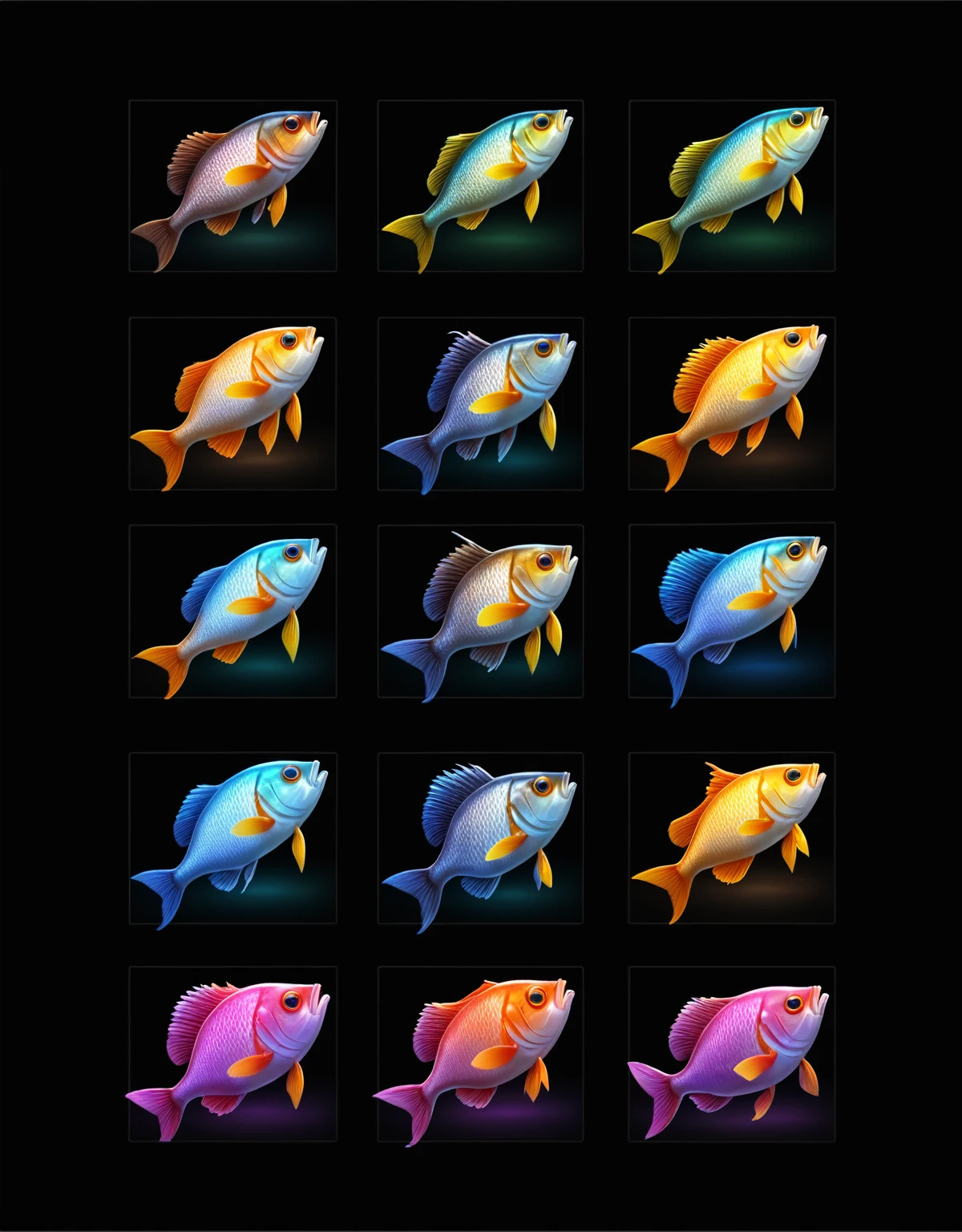 a close up of a bunch of fish on a black background, fish, fishes, Game Icon Assets, fishing, A set of high quality HD sprites, 3d icons for mobile games, heavily stylized, shining!!, Super detailed, High-quality screenshots, moon light fish eye illustrator, High-quality illustrations, colorful fish, very stylized, Three 0, New Species