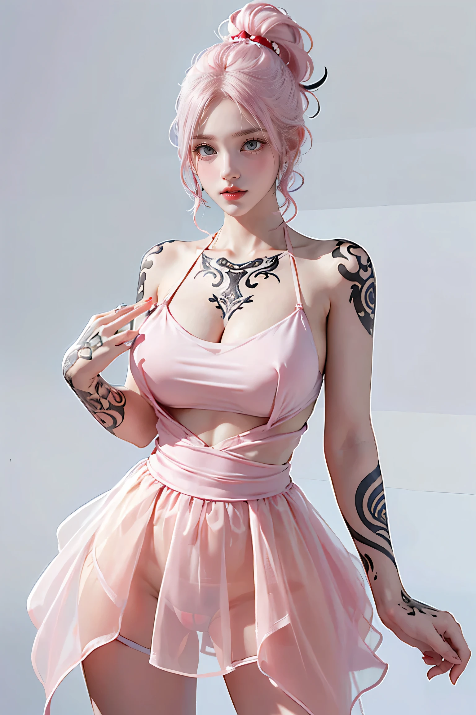 (Chest puffing pose),(Random Hairstyles),(Best image quality,(8K),Ultra-realistic,最high quality, high quality, High resolution, high quality,Attention to detail, White-pink hair, blue eyes, Red dress,(((Tight waist))), ((Big Breasts)),(See-through),(((He has many tattoos all over his body)),
