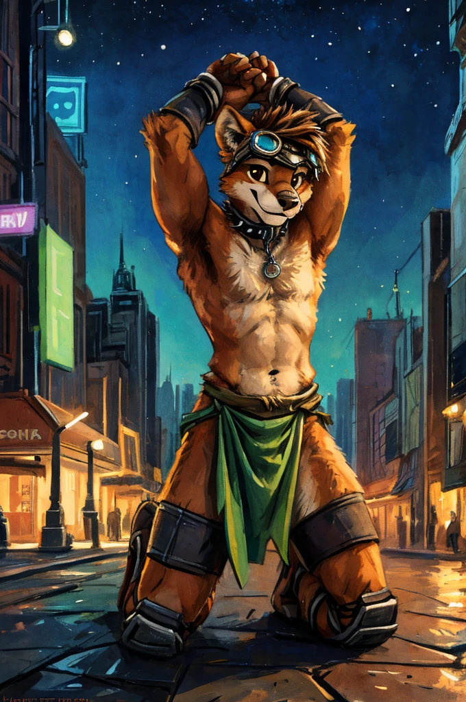 no lighting deep shadow, masterpiece, high quality, hi res, solo, Furry, furry, teen, kinkajou, spiked brown hair only on head, collar, brown eyes, goggles, green loincloth, green scarf, elbow pads, knee pads, masterpiece, No muscles, Detailed hands, detailed face, detailed eyes, detailed body, Flat body, Skinny, claws, high resolution, metal cuffs on wrists, metal cuffs on ankles, no shirt, no underwear, city, night, hands over head, wink, kneel, art by kenket
