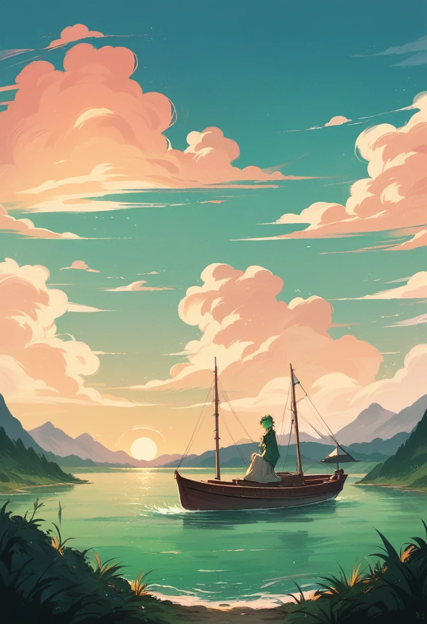 Green mountains and green waters, beauty, boat, stream, sunset