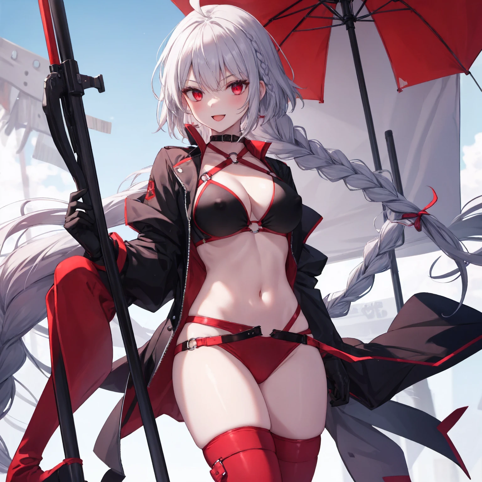 masterpiece, best quality, 1girl, , silver hair, ahoge, red eyes, (single braid), braid, large_ breasts, , blue sky,covered_groin,covered_nipples,solo,young,,open_legs,knee_boots,crotch_armor,cowboy_shot,crotch, asymmetrical legwear, long hair, bikini, black bikini, black gloves, gloves, long sleeves, navel, o-ring, o-ring bikini, o-ring bottom, o-ring top, puffy long sleeves, puffy sleeves, red legwear, single thighhigh, swimsuit, thigh strap, thighhighs, uneven legwear,smile,nihil,open_mouth,angry