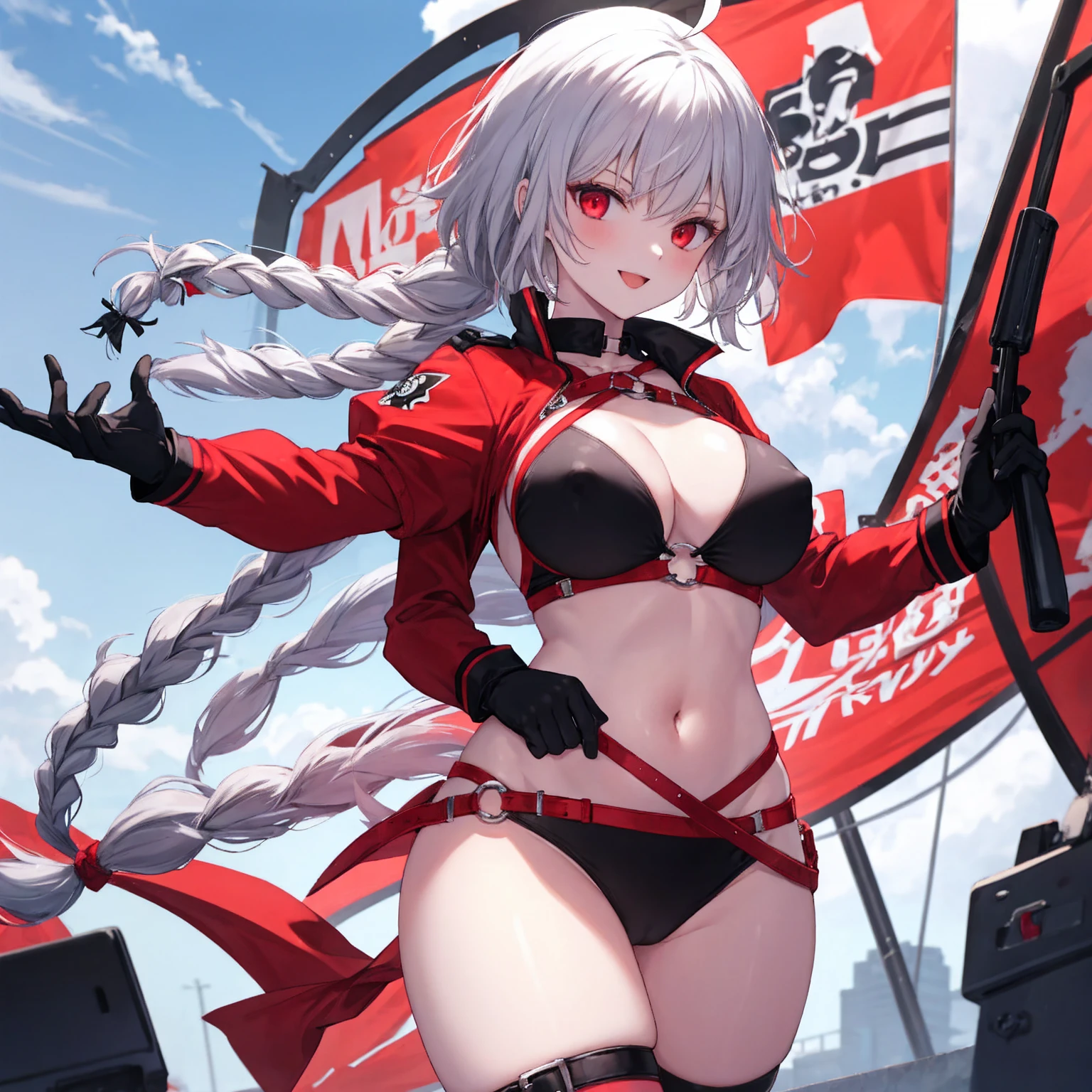 masterpiece, best quality, 1girl, , silver hair, ahoge, red eyes, (single braid), braid, large_ breasts, , blue sky,covered_groin,covered_nipples,solo,young,,open_legs,knee_boots,crotch_armor,cowboy_shot,crotch, asymmetrical legwear, long hair, bikini, black bikini, black gloves, gloves, long sleeves, navel, o-ring, o-ring bikini, o-ring bottom, o-ring top, puffy long sleeves, puffy sleeves, red legwear, single thighhigh, swimsuit, thigh strap, thighhighs, uneven legwear,smile,nihil,open_mouth,angry