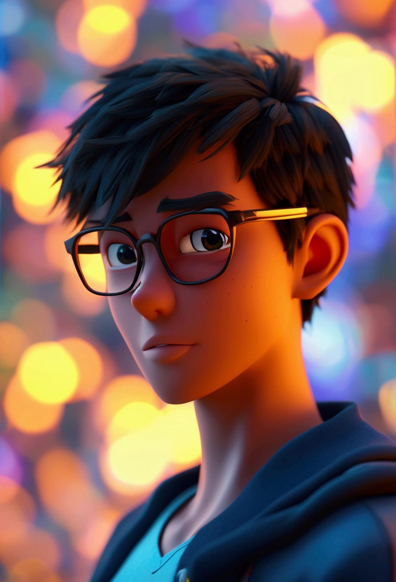 Cartoon character of a man with black glasses and a blue shirt, un cartoon character, stylized character, animation style rendering, 3D stylized, Arnold Maya rendering, Render 3D stylized, Toon render keyshot, 3D character, 3D character, Stylized 3D rendering, 3d character rendering, cartoon character, Close-up character, Character pose, (Pixar Style) (master part:1.2) (bokeh) (Best Quality) (detailed skin) (Detailed texture) (8k) (clay) (cinematic lighting) (sharp focus,Sit up and raise your upper body.