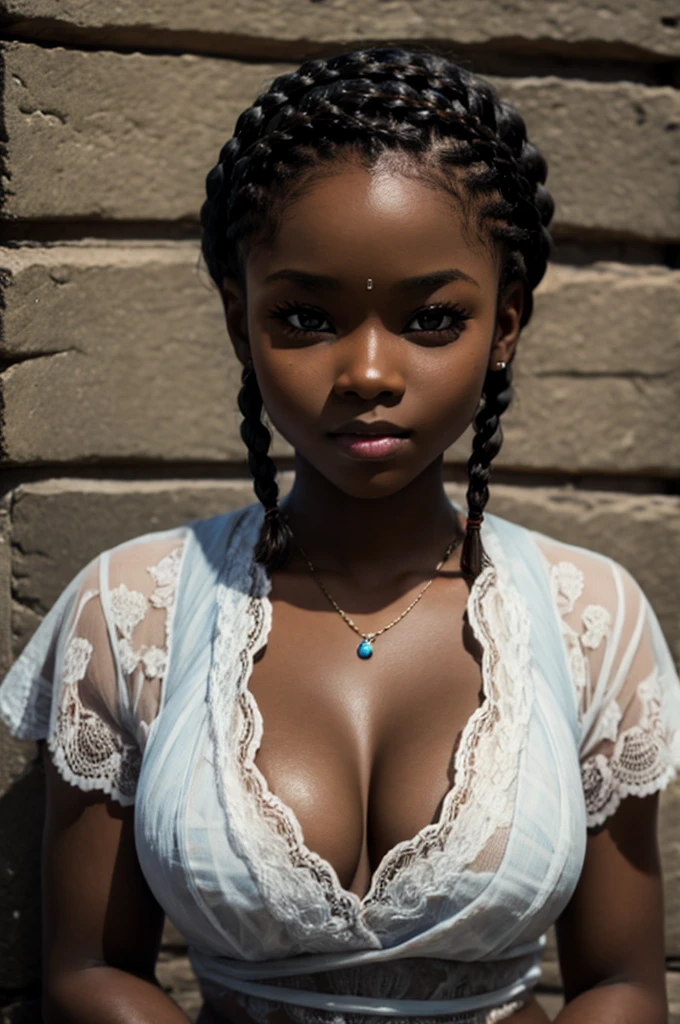 cute braided rows, Dark skin, ager, beautiful face, deep ebony, showing breasts, SFW