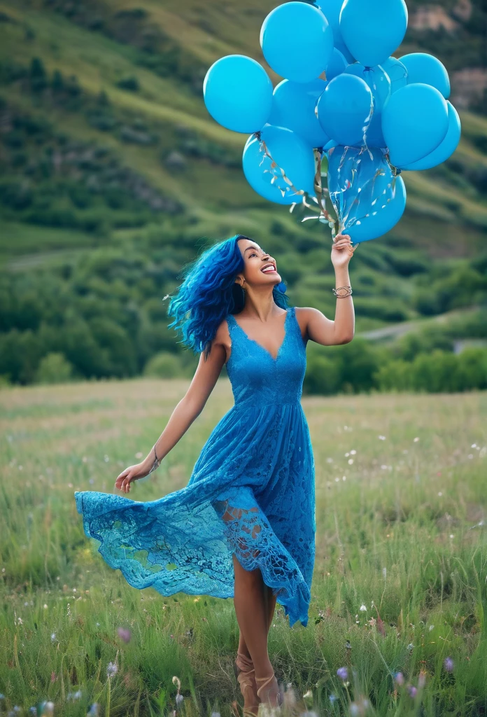 Smiling Beautiful biracial woman , blue hair, blue eyes, dancing, extremely detailed full body, lace blue dress, in large valley, lot of blue ballons float around,