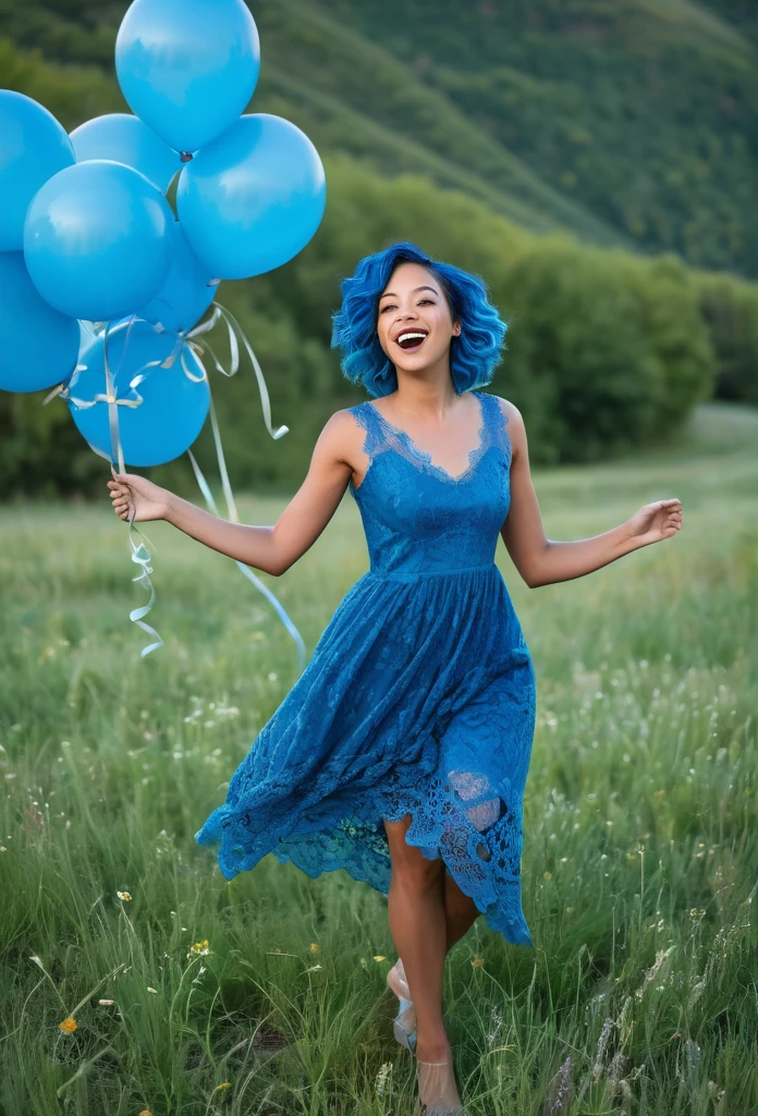 Smiling Beautiful biracial woman , blue hair, blue eyes, dancing, extremely detailed full body, lace blue dress, in large valley, lot of blue ballons float around, 