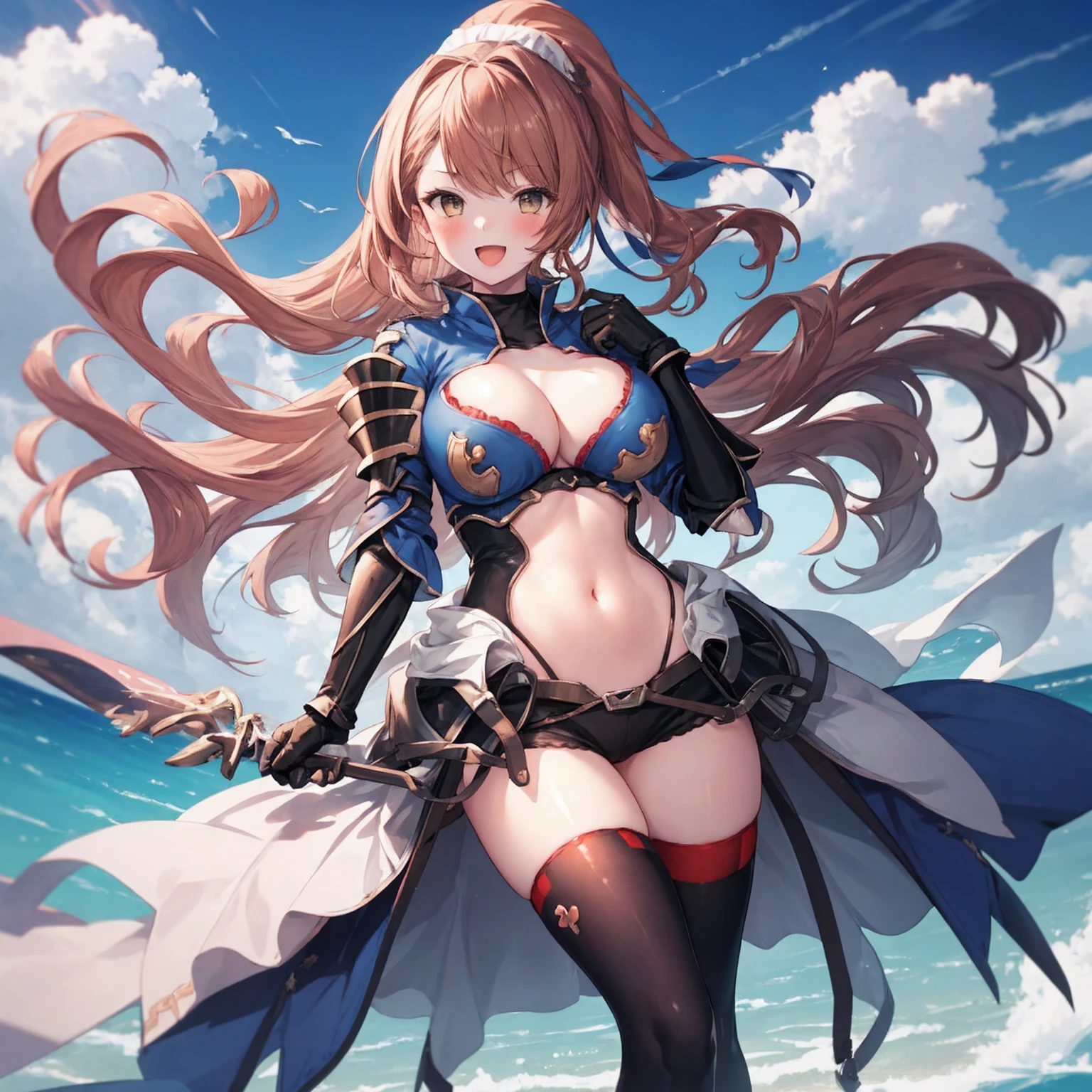 masterpiece, best quality, 1teen_girl,def,beatrix, ponytail, hair ribbon, gauntlets, blue shirt, gloves, cleavage cutout, looking at viewer, big_smile, large breasts, sky ,,happy,covered_nipples,young_teen,full_of_beans,,laugh,blush,open_mouth,thigh-highs, glower,open_legs,rise_knee,