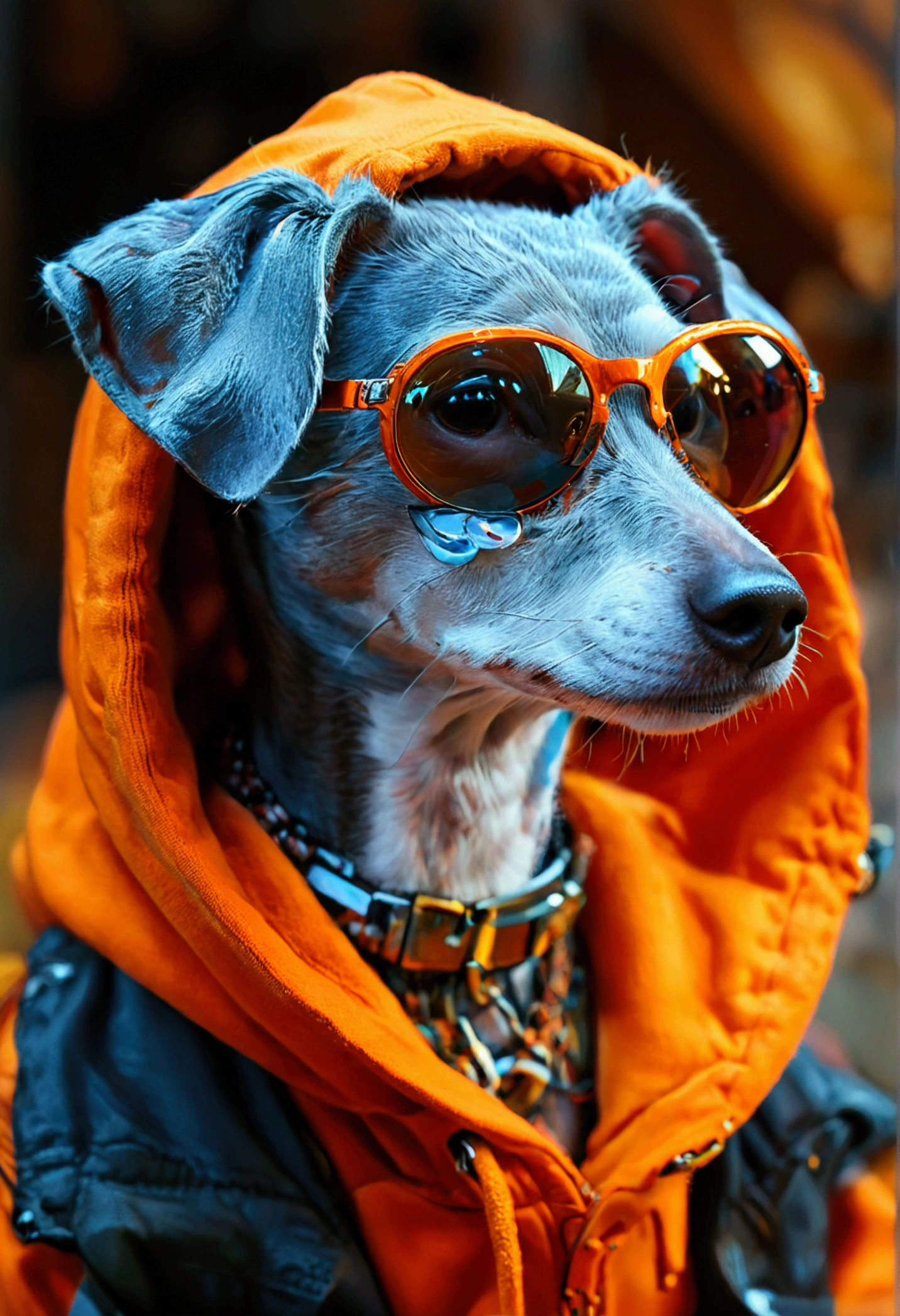 ピクサー映画風の愛らしいItalian Greyhound, Wearing a hood, Cinematic lighting, Depth Detection, Very detailed, 8K quality. Over a hundred on one hand,Upper body male, Better Quality, Human-like body shape), Wearing an orange hoodie and sunglasses、Looking at the viewer with a mobile phone in his hand, Italian Greyhound, Avatar Image, in futuristic clothes, CG Settlement ),Something like that, Professional art, cgsociety - w 1 0 2 4 - n 8 - i,My name is Kan, 彼のMy name is Kanです