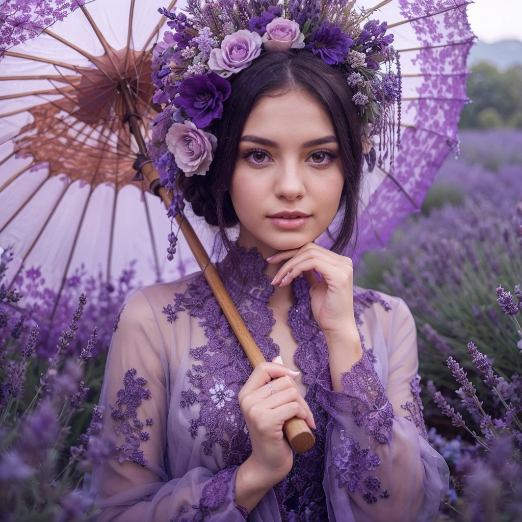 a solo girl model,with violet outfit an umberella,lavender savana