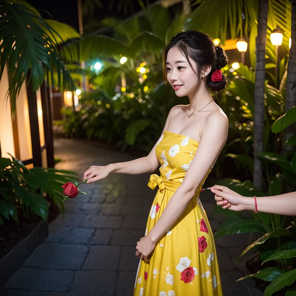 Wearing a yellow dress、A woman enjoying vacation at a tropical resort at night。With a red rose in my hand。