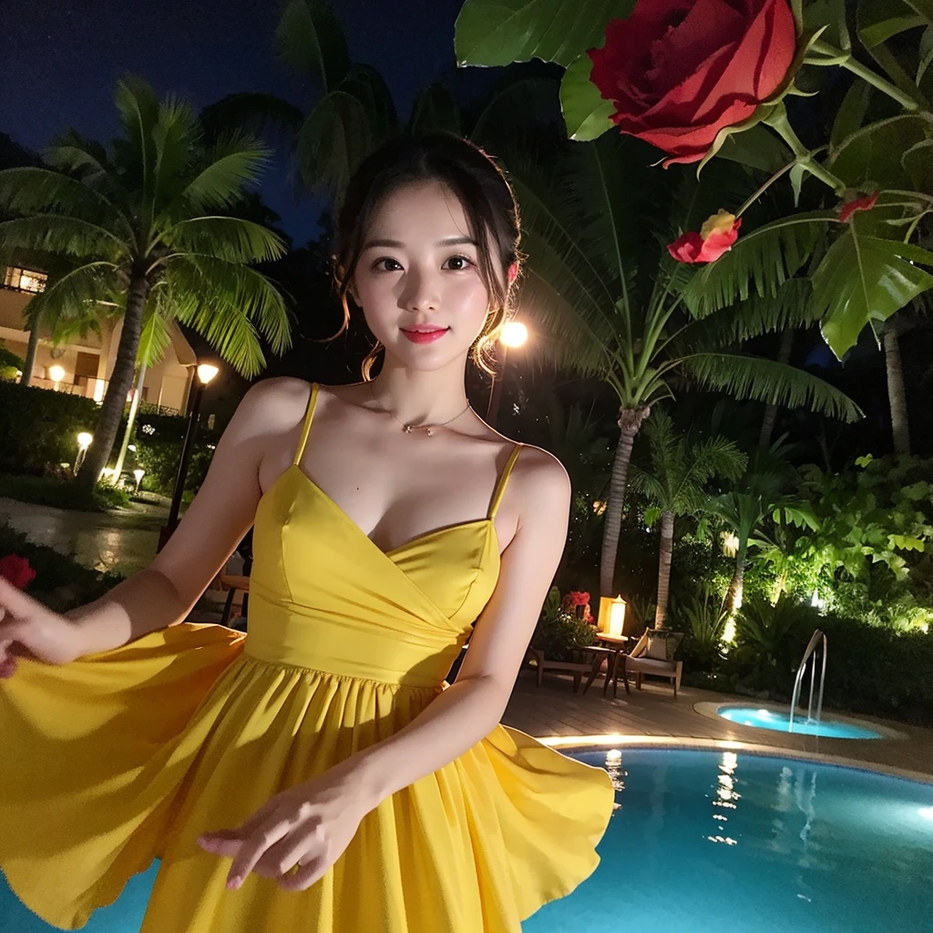 Wearing a yellow dress、A woman enjoying vacation at a tropical resort at night。With a red rose in my hand。