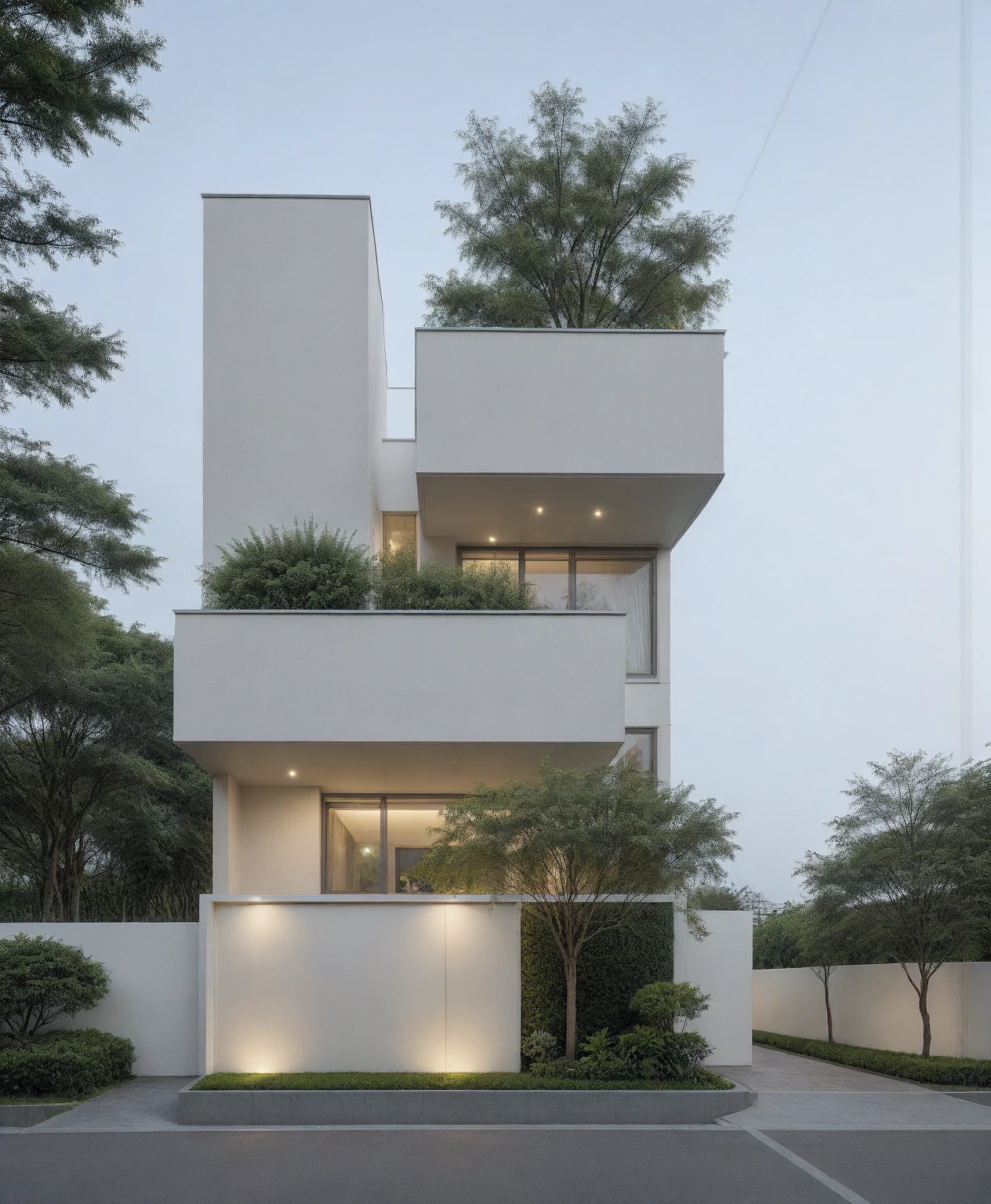 RAW photo, a photo of a modern house, (curvilinear chrchitecture:1.4), Wabisabi style rounded wall, white wall, steel dark gate, sidewalk, sidewalk trees, ((grey gate:1.2)), road, viet nam modern residence, ((architectural shot)), rough white wall, new residential area, wide angle exterior 2022, contemporary house, exterior photography, masterpiece, contemporary architecture, overcast, indirect lighting